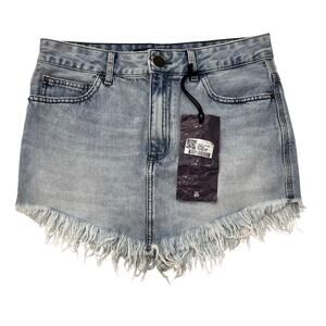 John John Women's 25 Distressed Denim Fringed Bottom Mini Skirt NWT